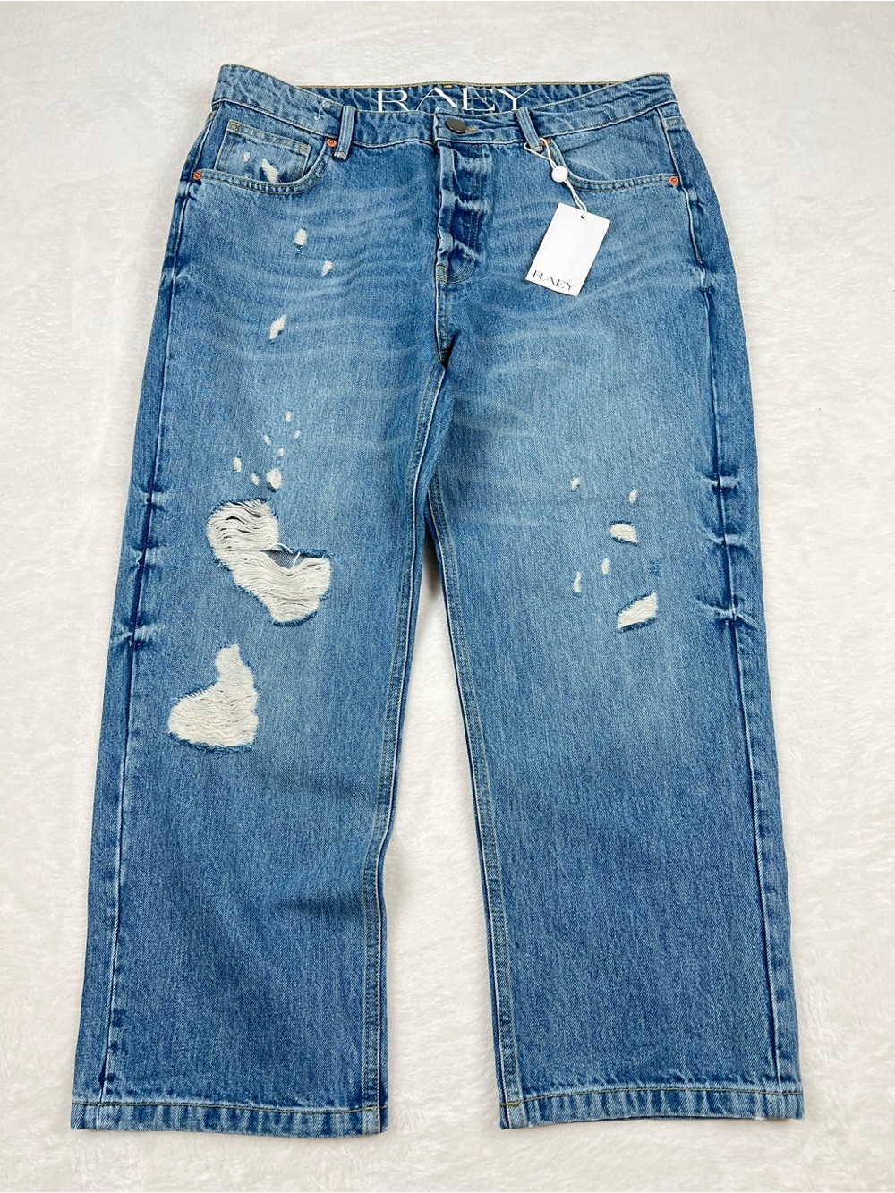 Raey Distressed Boyfriend Crop Jeans Indigo Blue Button Fly 30 NWT